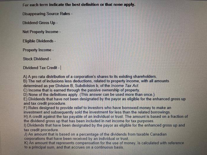  For each term indicate the best definition or that none apply.