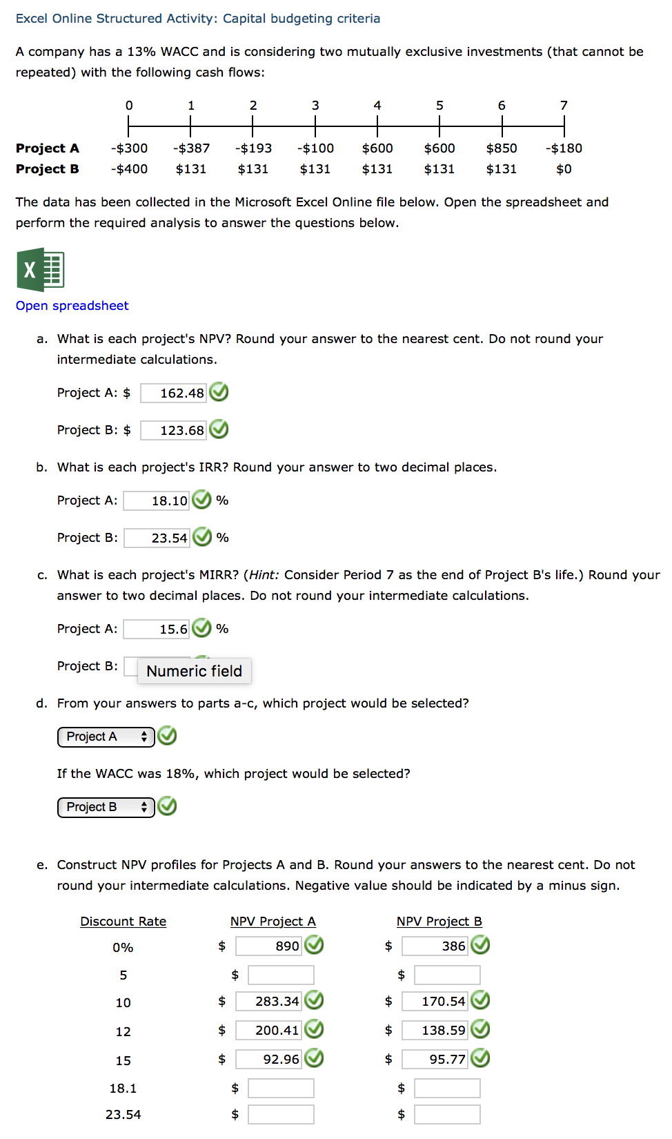 Just need help finishing part E. Thanks for the help! Excel Online