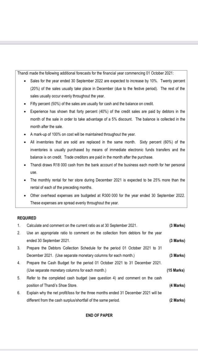 questions that follow: THANDI'S SHOE STORE Thandi started trading on 02 January