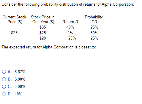  Consider the following probability distribution of returns for Alpha Corporation: Current
