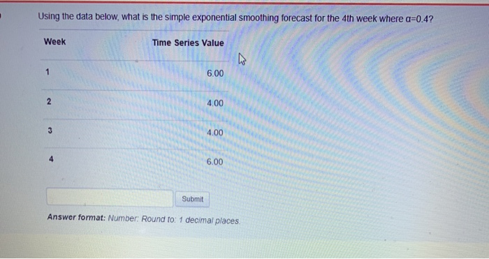 Using the data below, what is the simple exponential smoothing forecast