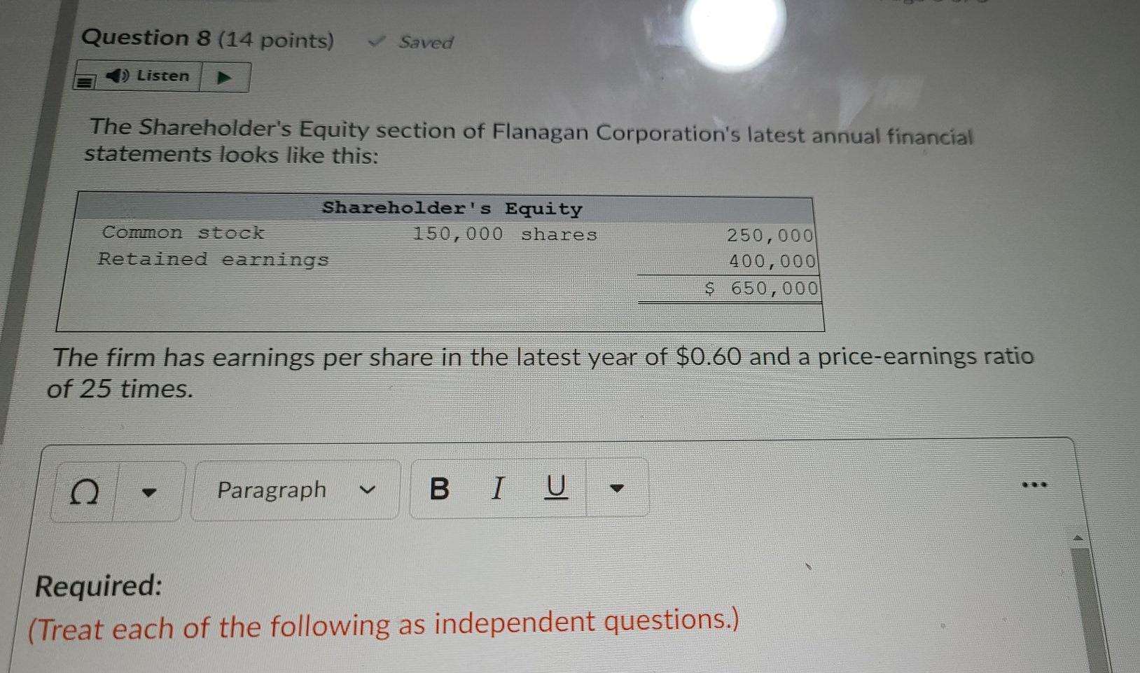  Question 8 (14 points) Saved 3 Listen The Shareholder's Equity section