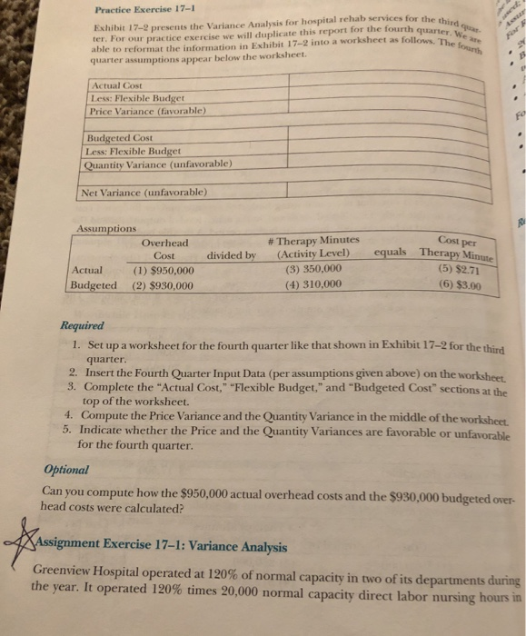  Practice Exercise 17-1 Exhibit 17-2 presents the Variance Analysis for hospital
