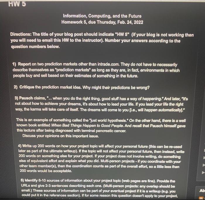  HW 5 Information, Computing, and the Future Homework 5, due Thursday,