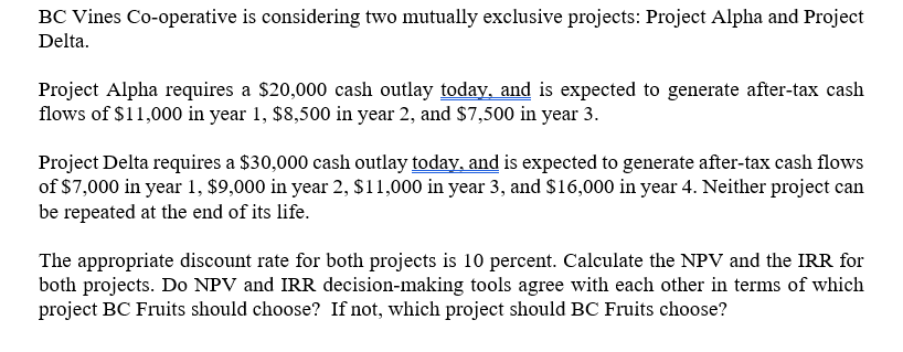  BC Vines Co-operative is considering two mutually exclusive projects: Project Alpha