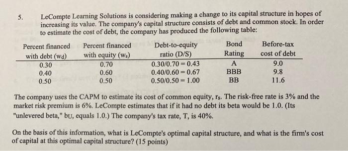 LeCompte Learning Solutions is considering making a change to its capital