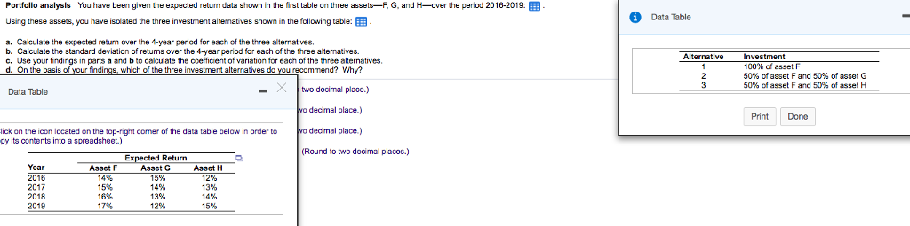 in the first table on three assets-F, G, and H.-over the period
