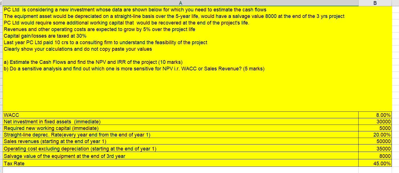 Solve the entire sum in excel B A PC Ltd is considering