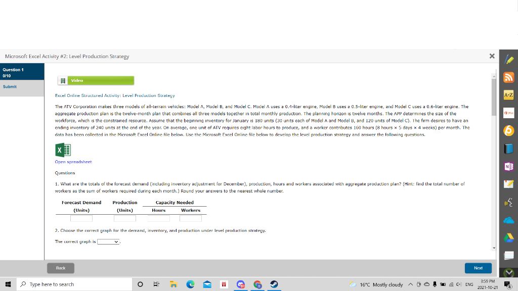  Microsoft Excel Activity #2: Level Production Strategy X Question 1 0/10