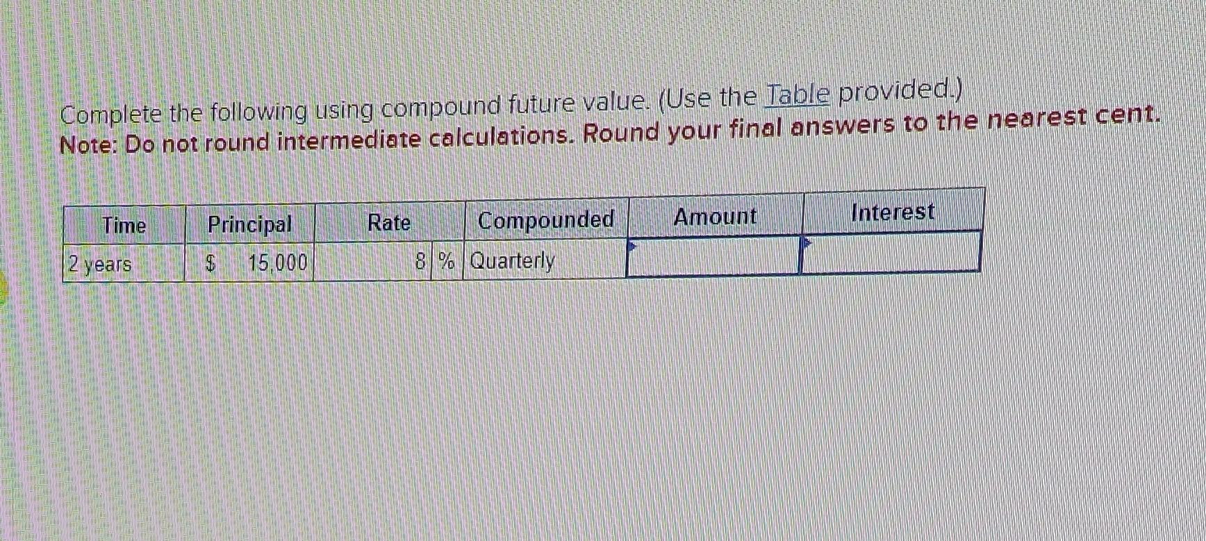  Complete the following using compound future value. (Use the Table provided.)