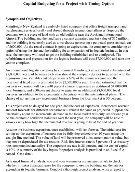  Critical writing - case analysis Capital Budgeting for a Project with