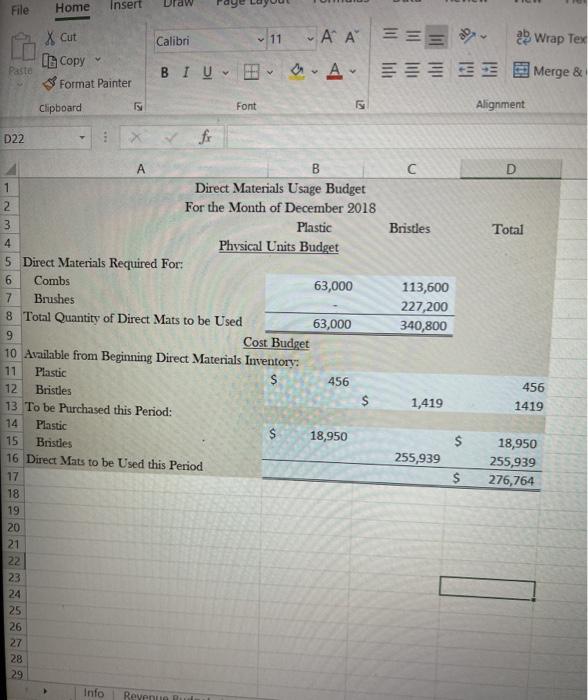 Direct Materials 18 Plastic Bristles 19 Beginning Inventory (ounces/bristles) 1,600 1,820 20