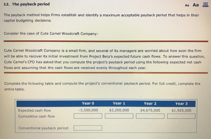  12. The payback period Aa Aa E The payback method helps