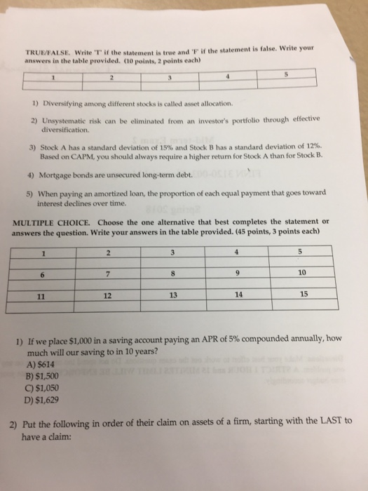  TRUEFALSE. Write T if answers in the table provided. a0 points,