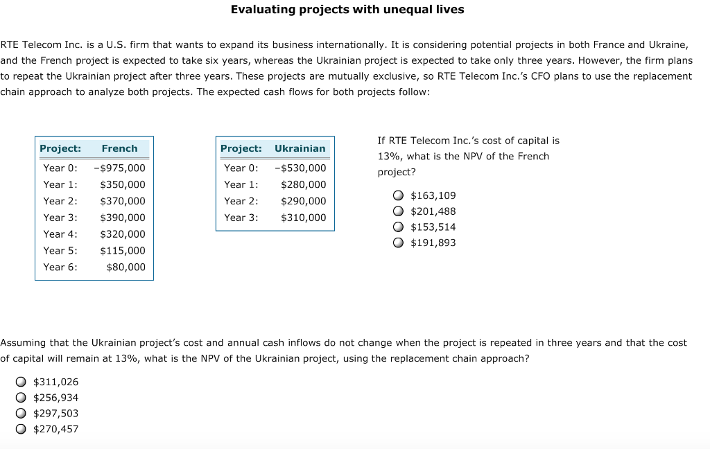Evaluating projects with unequal lives RTE Telecom Inc. is a U.S.
