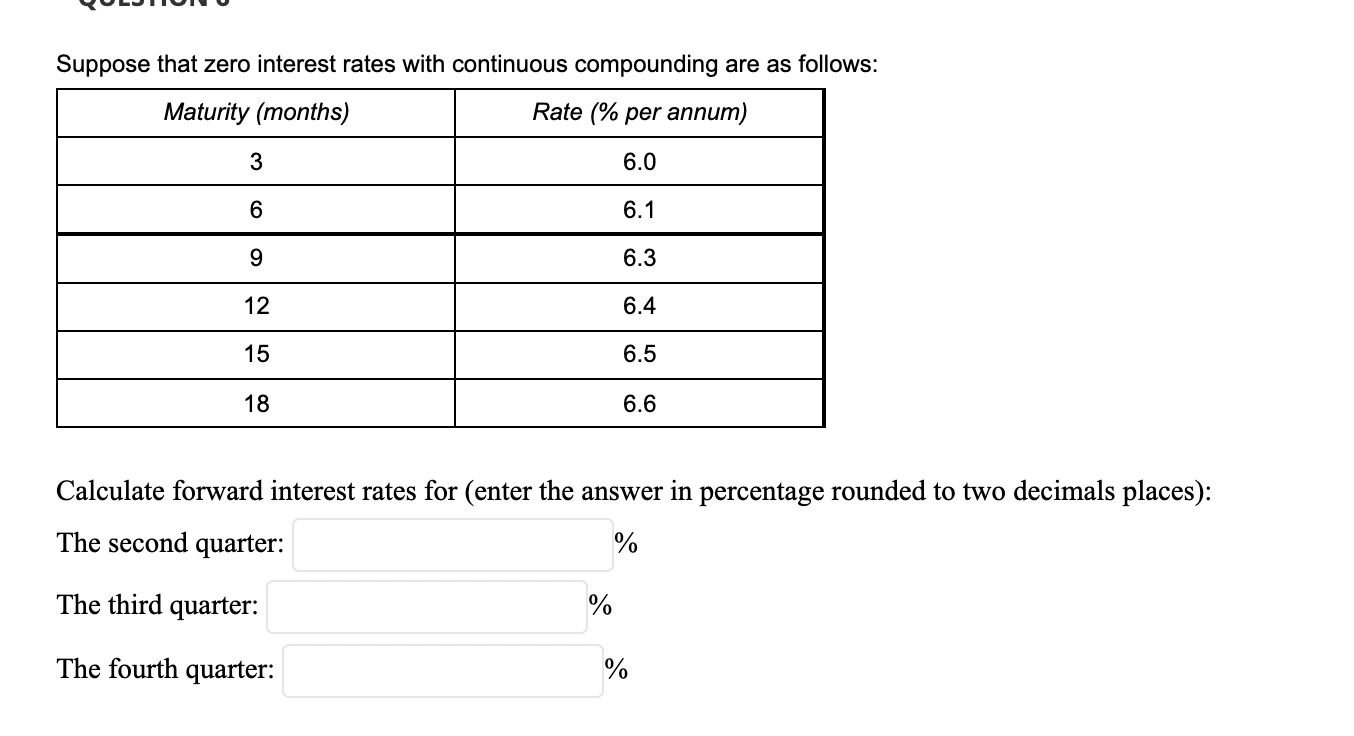  Suppose that zero interest rates with continuous compounding are as follows: