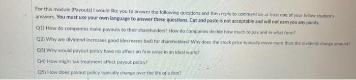  For this module (Payouts) I would like you to answer the