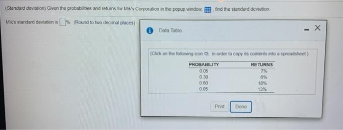  find the standard deviation (Standard deviation) Given the probabilities and returns
