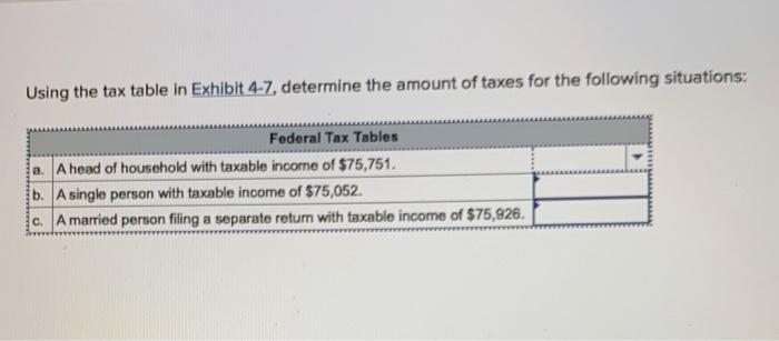 pls help Using the tax table in Exhibit 4-7, determine the amount