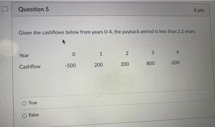  Question 5 6 pts Given the cashflows below from years 0-4,