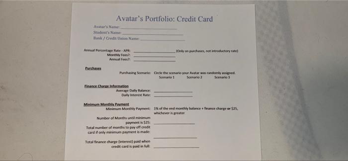 for future ! how do you solve with information provided Avatar's Portfolio: