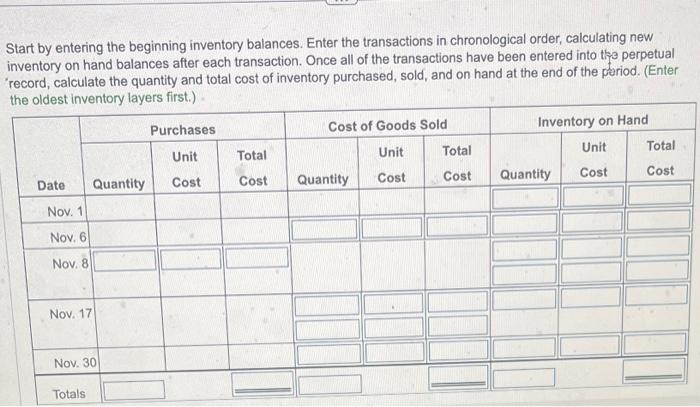  Start by entering the beginning inventory balances. Enter the transactions in