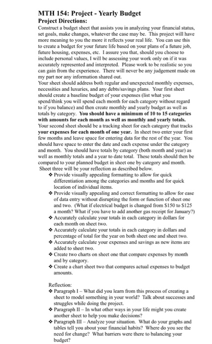  MTH 154: Project - Yearly Budget Project Directions: Construct a budget