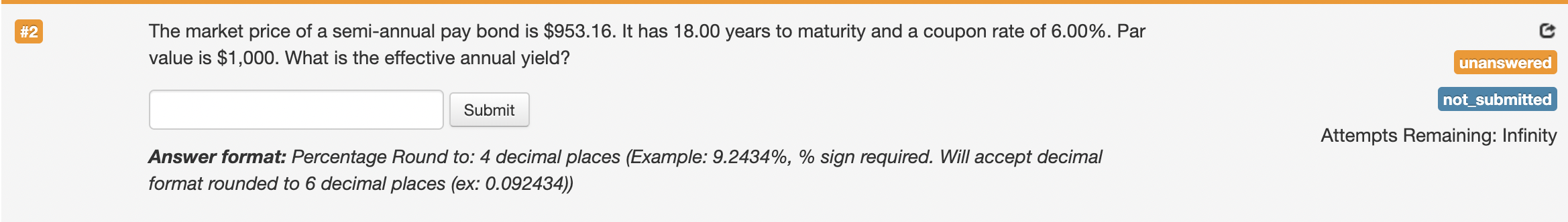 Answer format: Percentage Round to: 4 decimal places (Example: 9.2434%, % sign