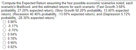 "Compute the Expected Return assuming the four possible economic scenarios noted,