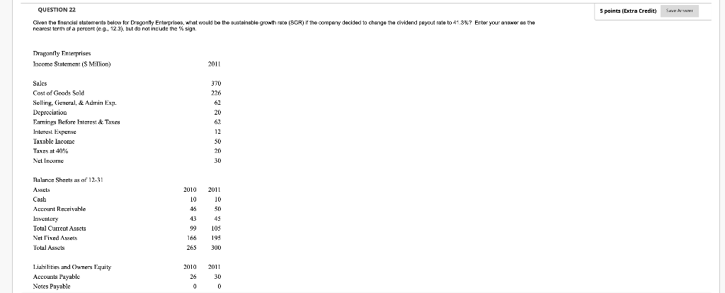QUESTION 22 5 points (Extra Credit) Sie w Given the financial