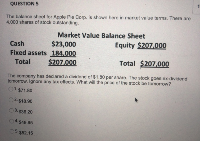  QUESTION 5 The balance sheet for Apple Pie Corp. is shown
