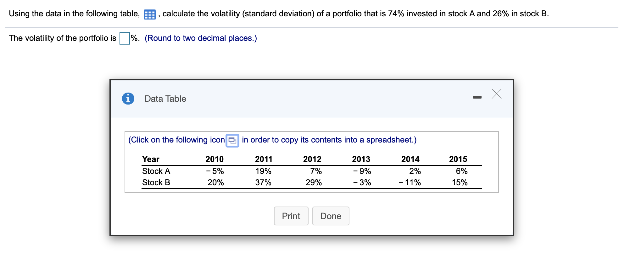  Using the data in the following table, calculate the volatility (standard