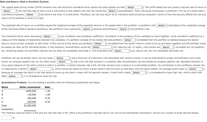  please just answer the quantitave problem Risk and Returni Risk in