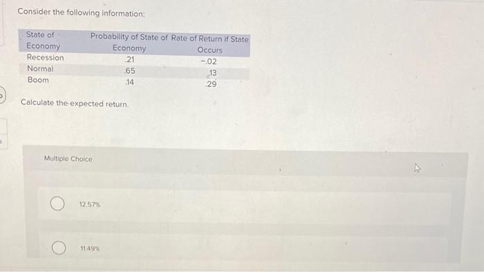  Consider the following information: Calculate the expected return. Multiple Choice 1257%
