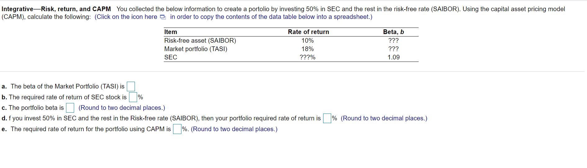 undefined Integrative-Risk, return, and CAPM You collected the below information to create