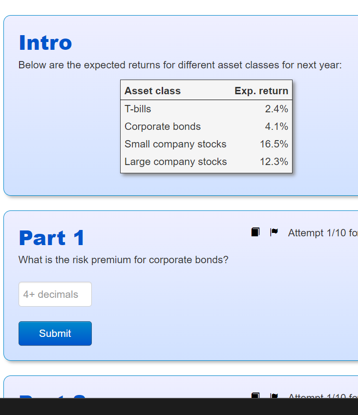  Below are the expected returns for different asset classes for next