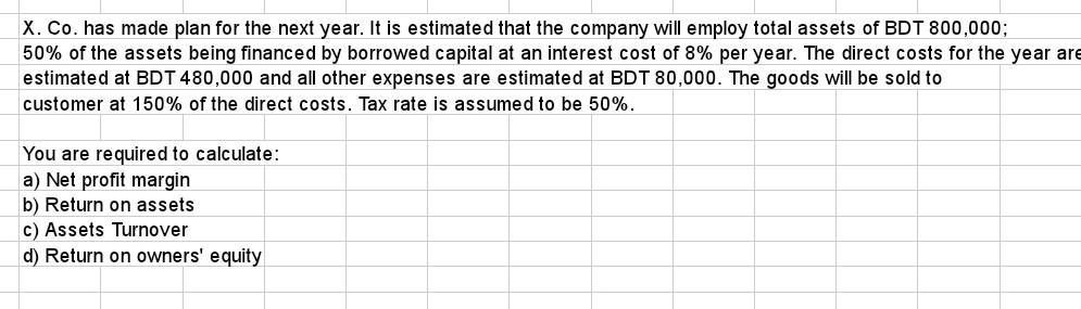 X. Co. has made plan for the next year. It is