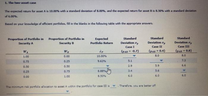  answer all please 1. The two-asset case The expected return for