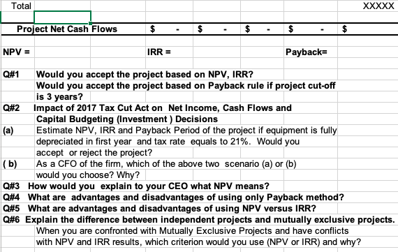 Statement Using Excel Spreadsheet (b) Compute Net Project Cashflows, NPV, and IRR