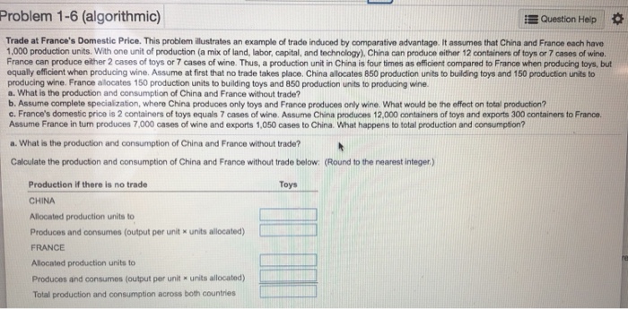 Problem 1-6 (algorithmic) Question Help * Trade at France's Domestic Price.