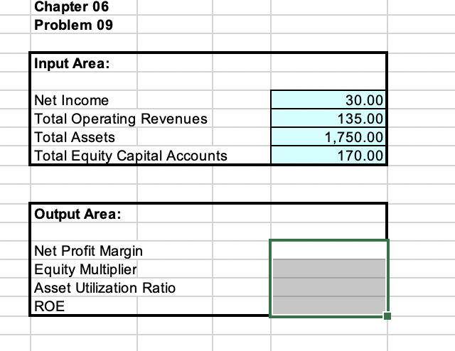  Chapter 06 Problem 09 Input Area: Net Income Total Operating Revenues