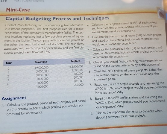  help please Year Mini-Case Capital Budgeting Process and Techniques Contact Manufacturine
