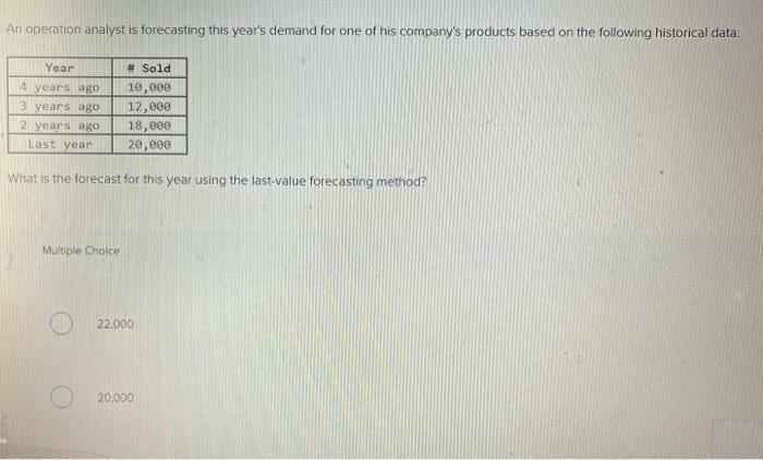  An operation analyst is forecasting this year's demand for one of