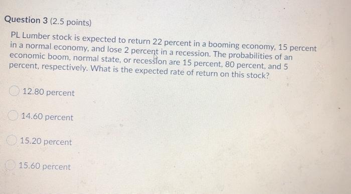  Question 3 (2.5 points) PL Lumber stock is expected to return