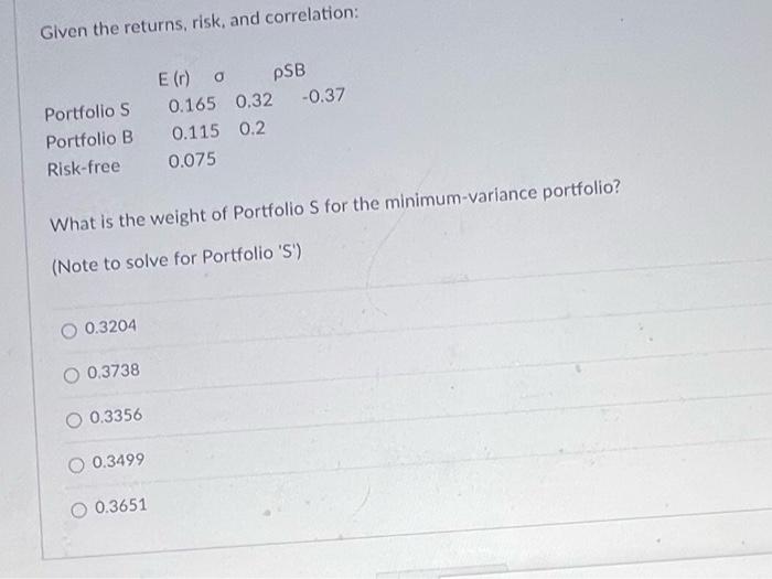  Given the returns, risk, and correlation: What is the weight of