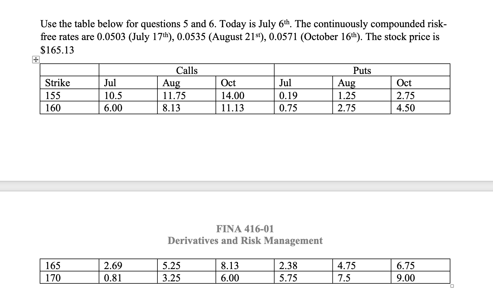 Use the table below for questions 5 and 6 . Today