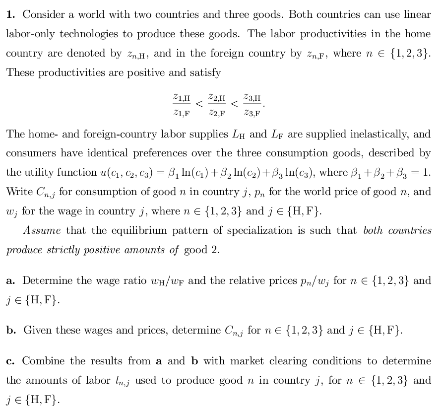 International Trade problem about one-factor Ricardian Model with two countries and many