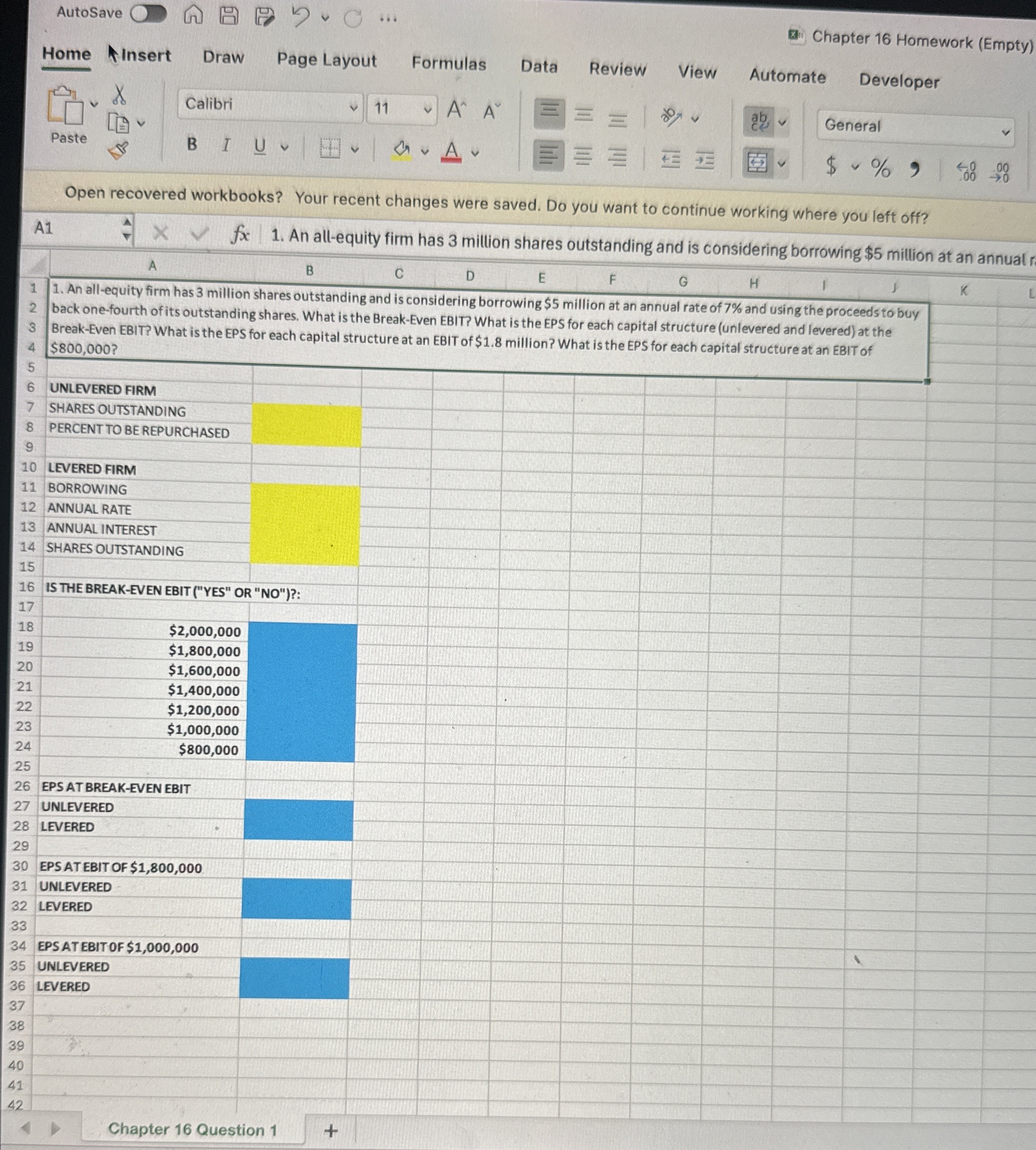  AutoSave Home 0 C ... Chapter 16 Homework (Empty) Paste Insert