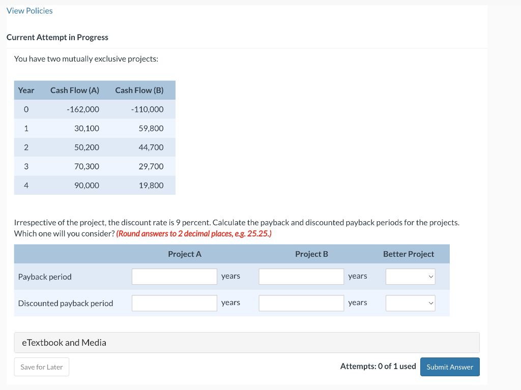  Current Attempt in Progress You have two mutually exclusive projects: Irrespective
