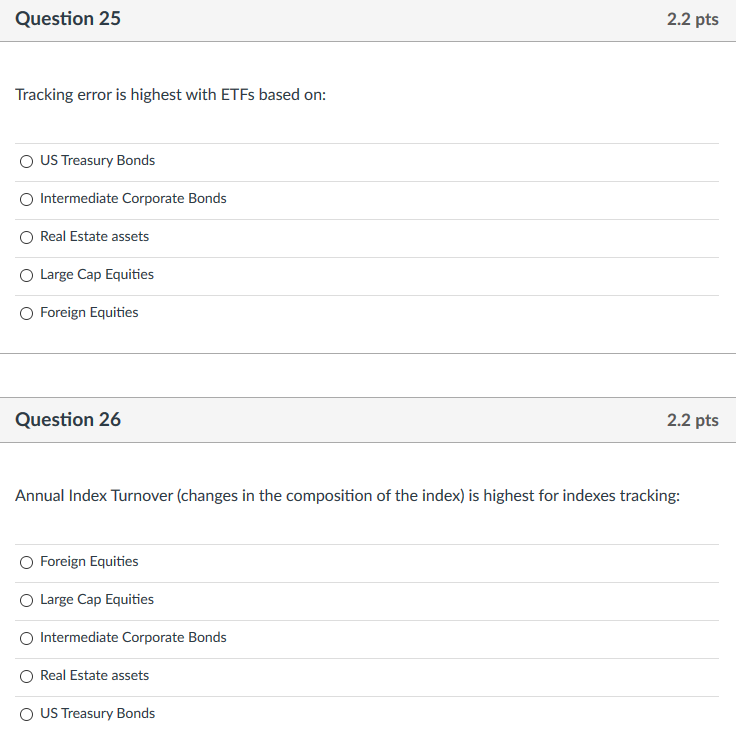 Question 25 2.2 pts Tracking error is highest with ETFs based